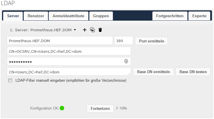 Einrichtungstab Server