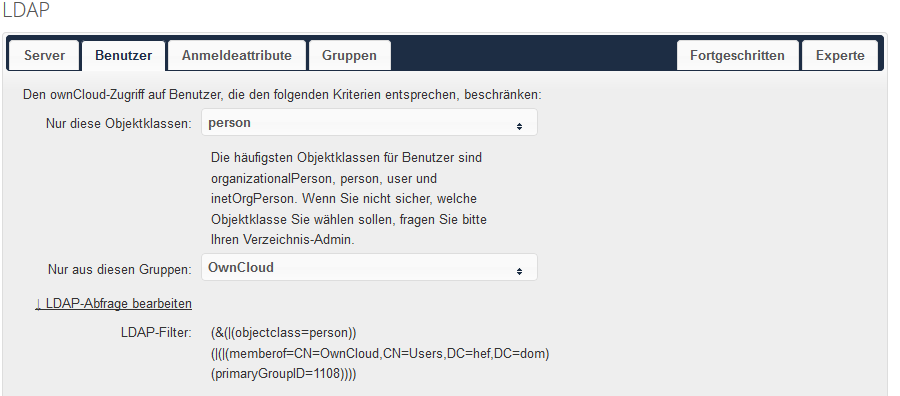 Einrichtungstab Benutzer